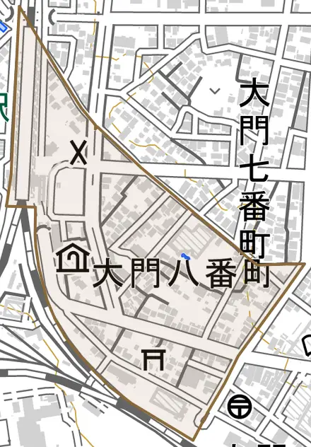 大門八番町とその周辺の地図。町の範囲を重ねている