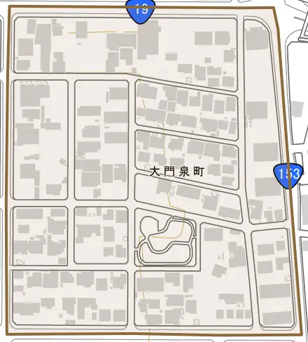 大門泉町とその周辺の地図。町の範囲を重ねている