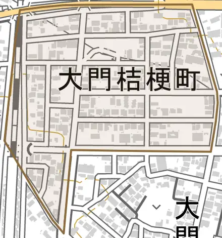 大門桔梗町とその周辺の地図。町の範囲を重ねている
