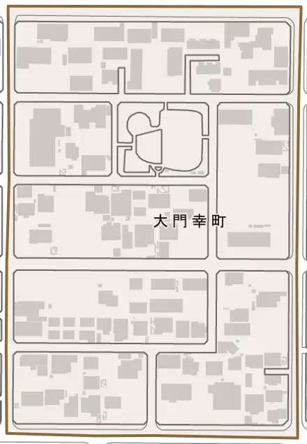 大門幸町とその周辺の地図。町の範囲を重ねている