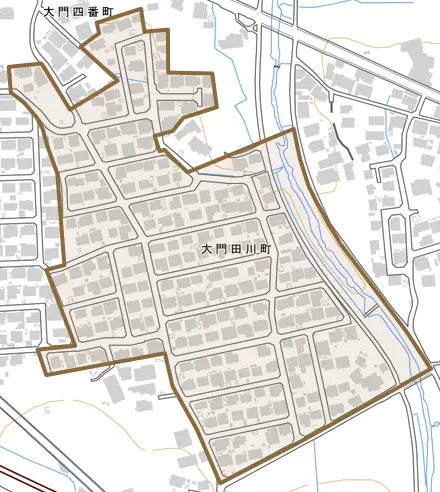 大門田川町とその周辺の地図。町の範囲を重ねている