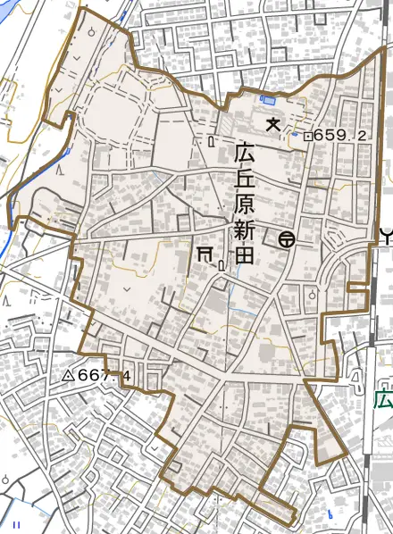 大字広丘原新田とその周辺の地図。町の範囲を重ねている