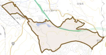 大字金井とその周辺の地図。町の範囲を重ねている