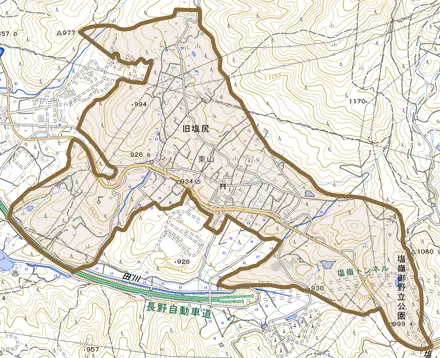 大字旧塩尻とその周辺の地図。町の範囲を重ねている