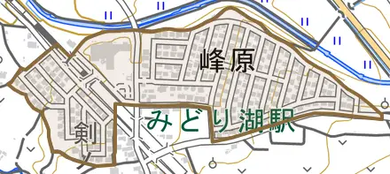 大字峰原とその周辺の地図。町の範囲を重ねている