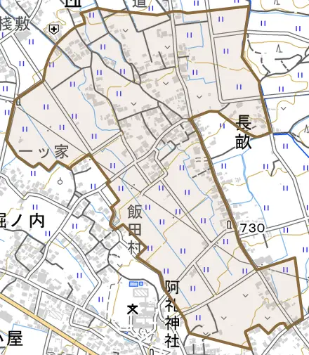 大字長畝とその周辺の地図。町の範囲を重ねている