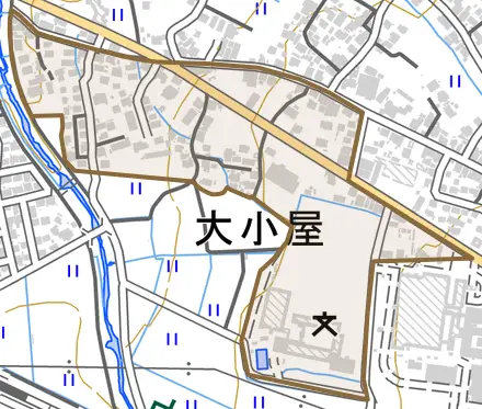 大字大小屋とその周辺の地図。町の範囲を重ねている