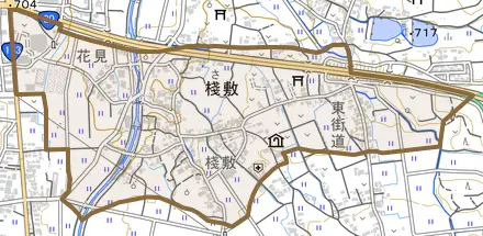 大字桟敷とその周辺の地図。町の範囲を重ねている
