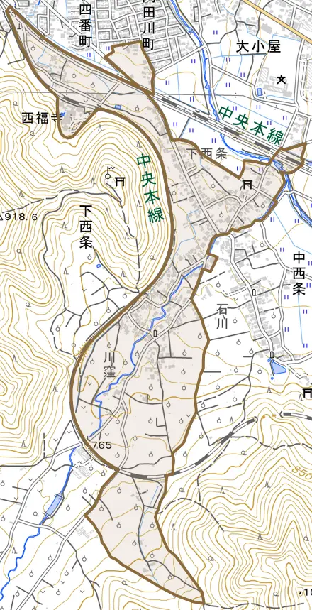 大字下西条とその周辺の地図。町の範囲を重ねている