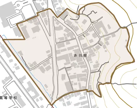 赤羽根とその周辺の地図。町の範囲を重ねている