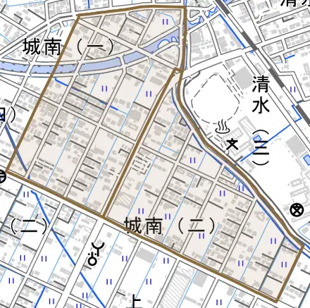城南とその周辺の地図。町の範囲を重ねている