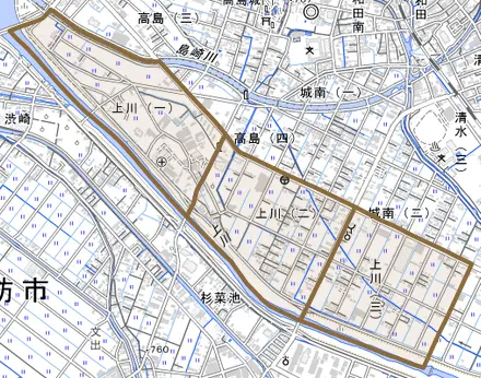 上川とその周辺の地図。町の範囲を重ねている