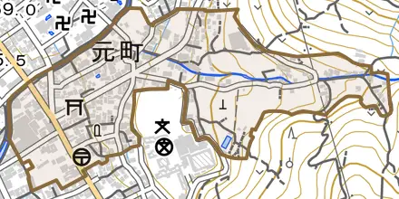元町とその周辺の地図。町の範囲を重ねている