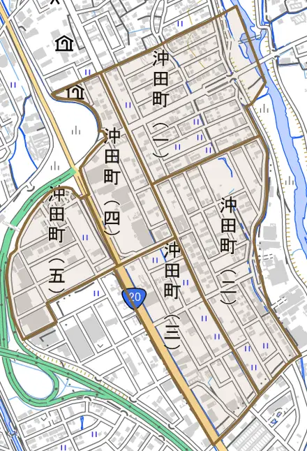 沖田町とその周辺の地図。町の範囲を重ねている