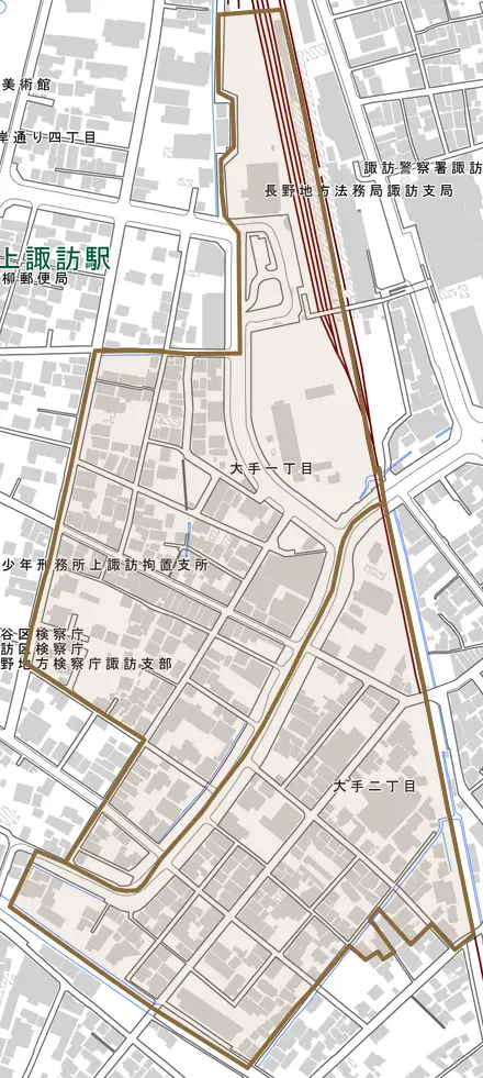 大手とその周辺の地図。町の範囲を重ねている