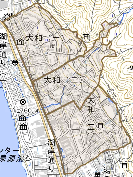 大和とその周辺の地図。町の範囲を重ねている