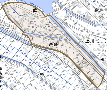 渋崎とその周辺の地図。町の範囲を重ねている