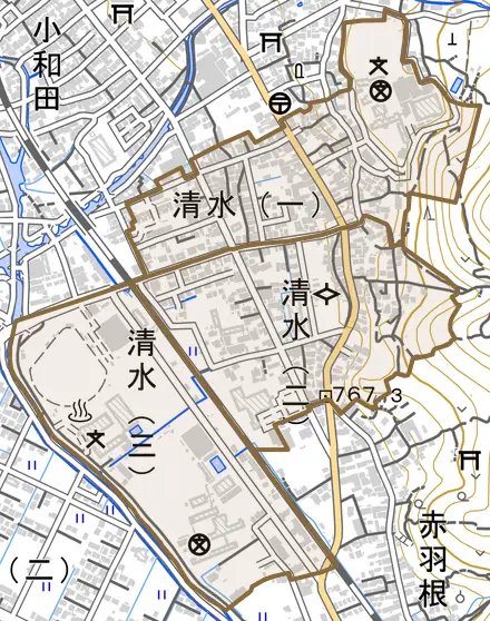 清水とその周辺の地図。町の範囲を重ねている