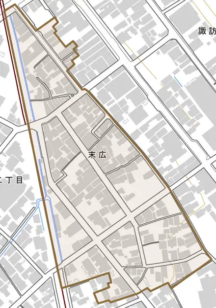 末広とその周辺の地図。町の範囲を重ねている