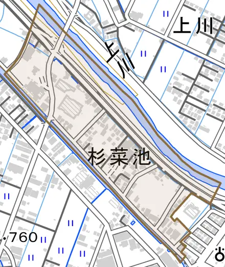 杉菜池とその周辺の地図。町の範囲を重ねている