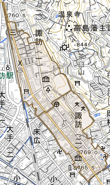 諏訪とその周辺の地図。町の範囲を重ねている