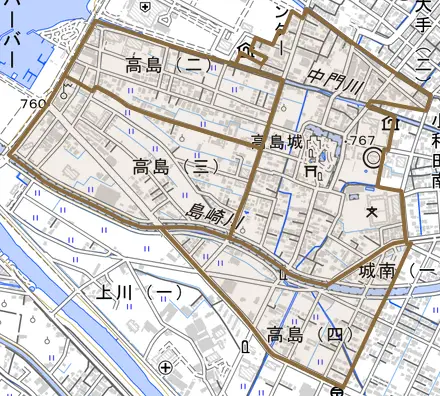 高島とその周辺の地図。町の範囲を重ねている