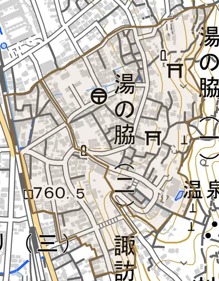 湯の脇とその周辺の地図。町の範囲を重ねている