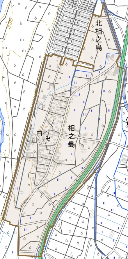 大字相之島とその周辺の地図。町の範囲を重ねている