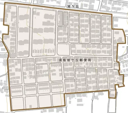 旭ケ丘とその周辺の地図。町の範囲を重ねている