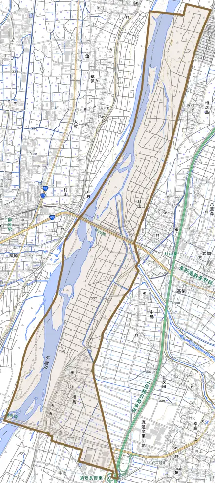 大字福島とその周辺の地図。町の範囲を重ねている