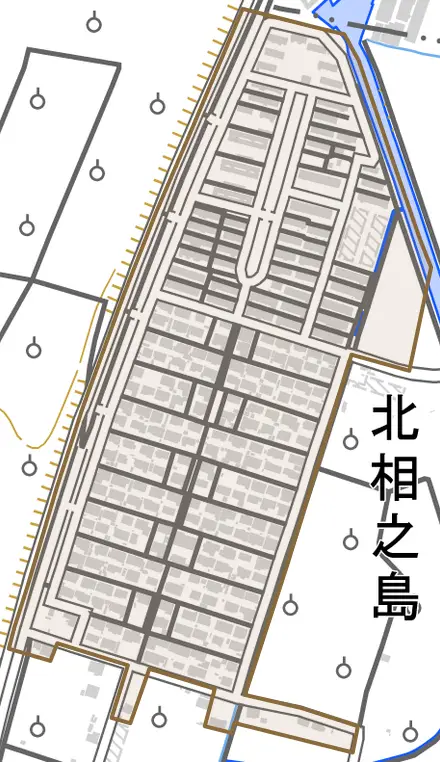 北相之島とその周辺の地図。町の範囲を重ねている