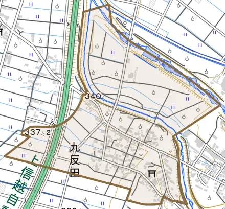 大字九反田とその周辺の地図。町の範囲を重ねている