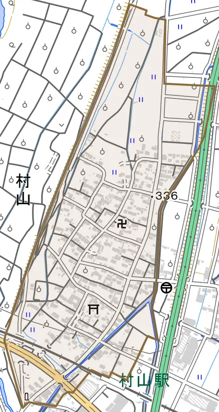 大字村山とその周辺の地図。町の範囲を重ねている