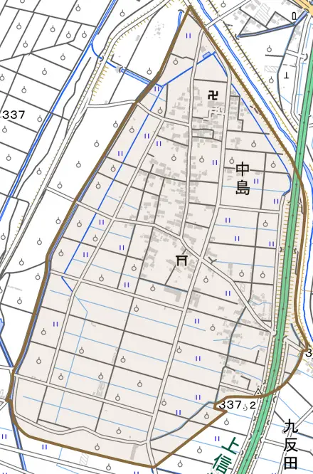 大字中島とその周辺の地図。町の範囲を重ねている