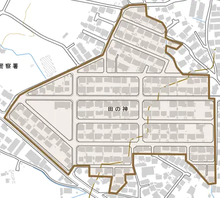 田の神とその周辺の地図。町の範囲を重ねている