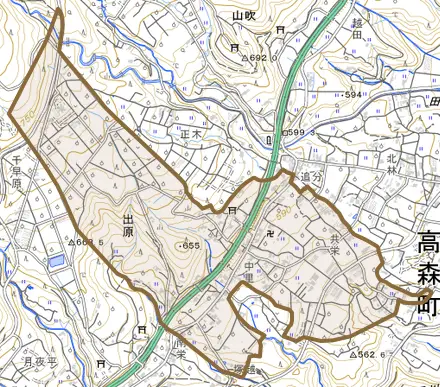 出原とその周辺の地図。町の範囲を重ねている