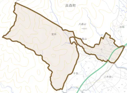 大島山とその周辺の地図。町の範囲を重ねている