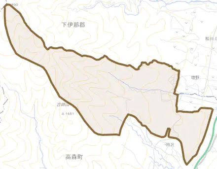 山吹とその周辺の地図。町の範囲を重ねている