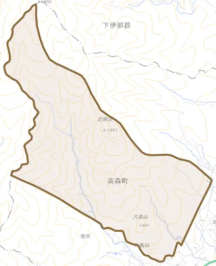 吉田とその周辺の地図。町の範囲を重ねている