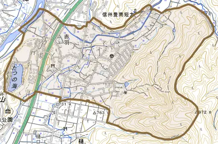 大字赤羽とその周辺の地図。町の範囲を重ねている