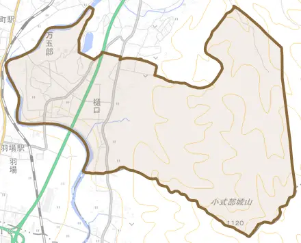 大字樋口とその周辺の地図。町の範囲を重ねている