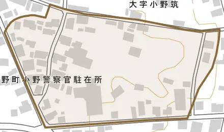 大字小野筑とその周辺の地図。町の範囲を重ねている