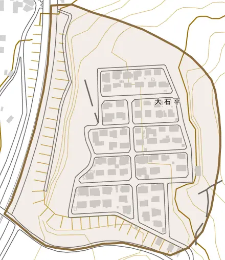 大石平とその周辺の地図。町の範囲を重ねている