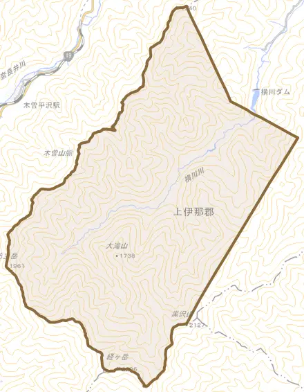 大字横川とその周辺の地図。町の範囲を重ねている