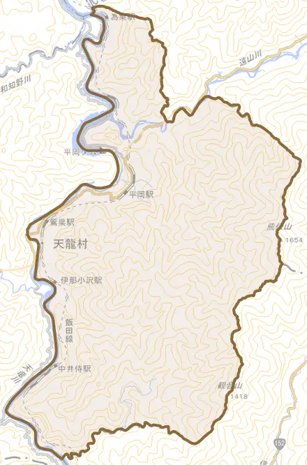 平岡とその周辺の地図。町の範囲を重ねている