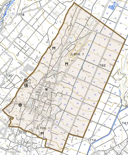 新張とその周辺の地図。町の範囲を重ねている