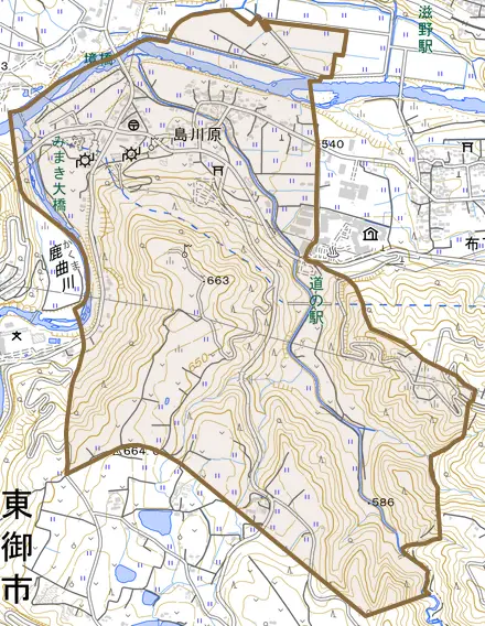 島川原とその周辺の地図。町の範囲を重ねている