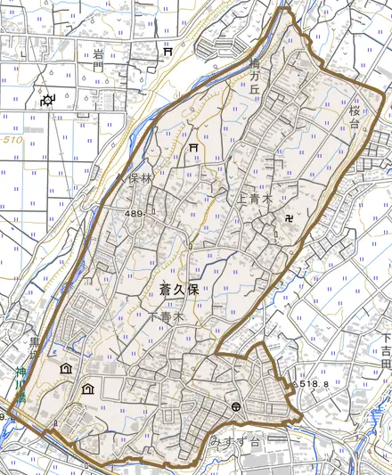 蒼久保とその周辺の地図。町の範囲を重ねている