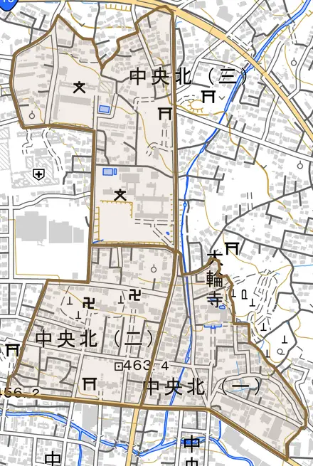 中央北とその周辺の地図。町の範囲を重ねている