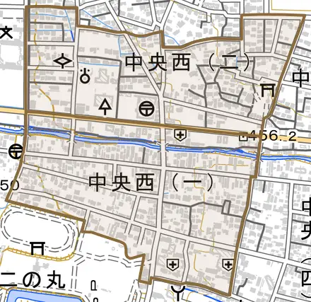 中央西とその周辺の地図。町の範囲を重ねている